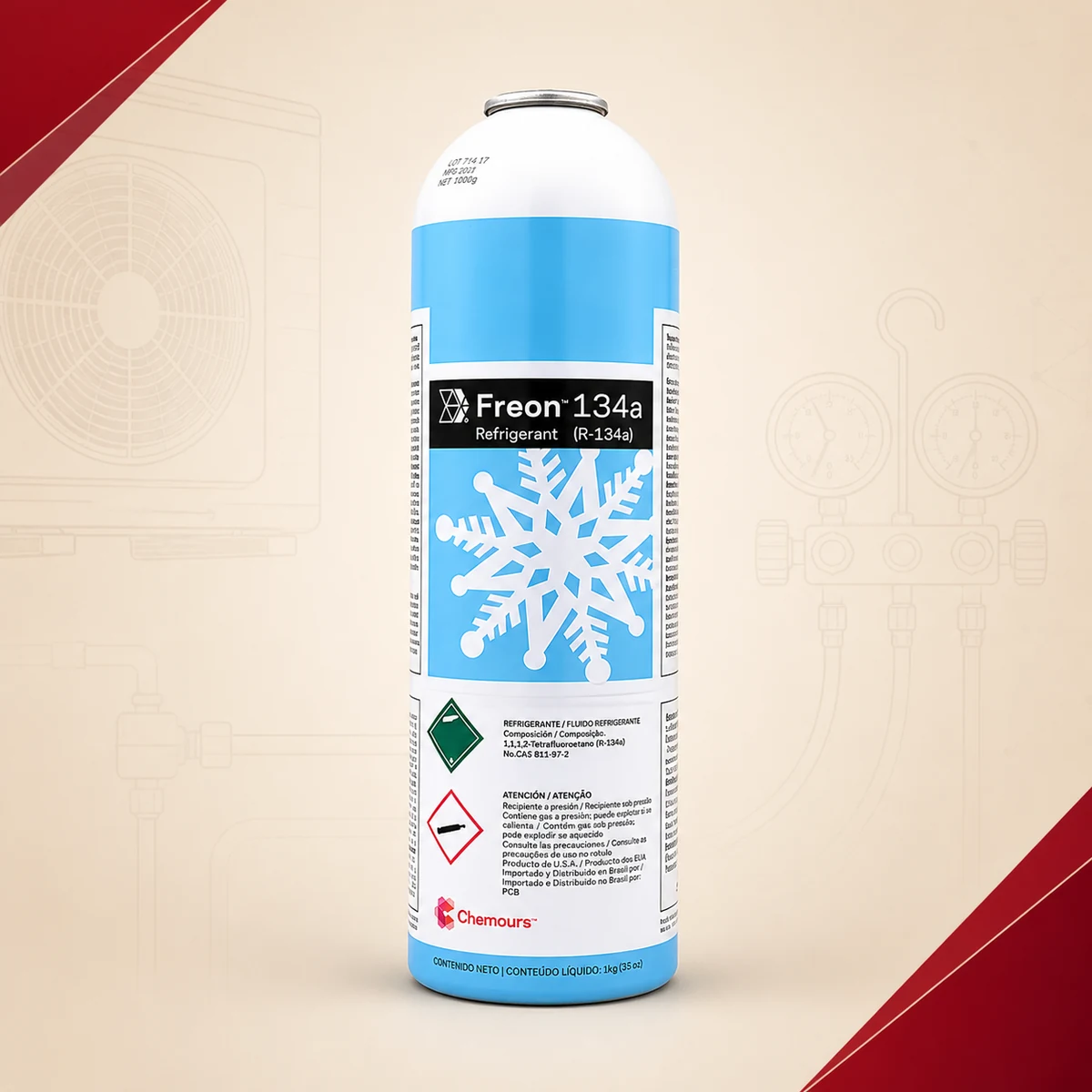 Gas refrigerante Chemours Freon R-134a de 1 kg